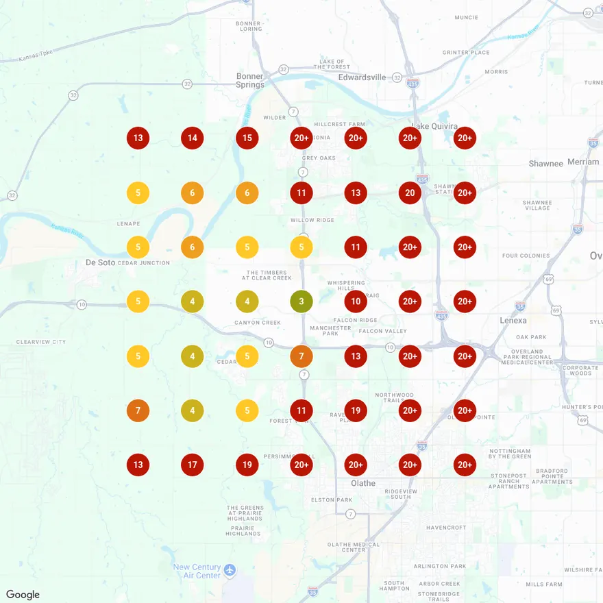 Map scan, car detailing lenexa — Sep 4 · 3:52 PM — Google · 49 points · 5 mi — share of local voice 2.04%. Rank number on every grid point.