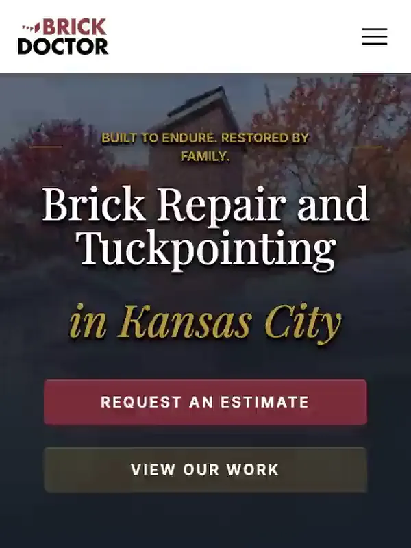 The Brick Doctor website scrolling on a phone: a brick chimney behind the headline Brick Repair and Tuckpointing in Kansas City