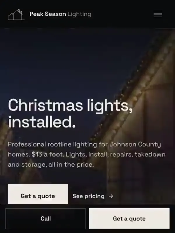 The Peak Season Lighting website scrolling on a phone: a lit roofline at night behind the headline Christmas lights, installed