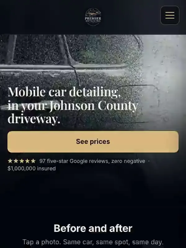 The Premier Detailing website scrolling on a phone: a car being washed behind the headline Mobile car detailing, in your Johnson County driveway