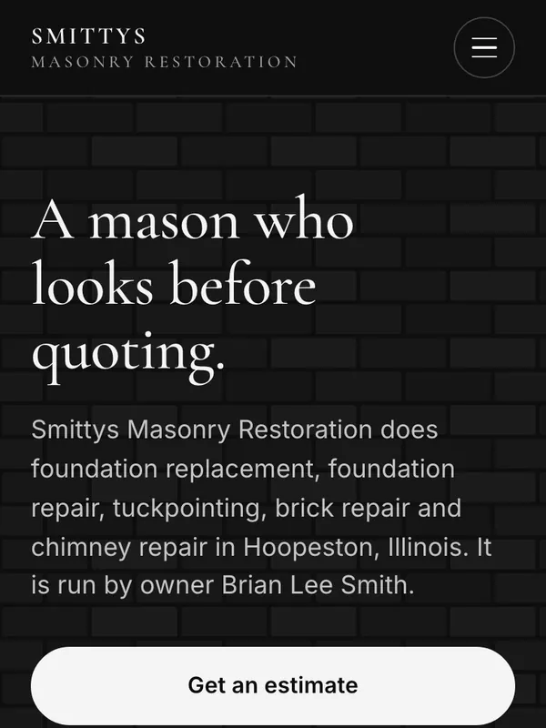 The Smittys Masonry Restoration website scrolling on a phone: dark brick behind the headline A mason who looks before quoting